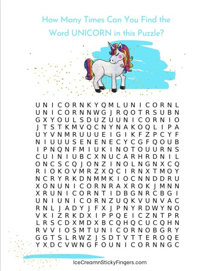 Free Unicorn Word Search Activity Sheets