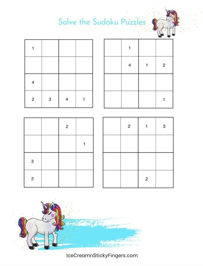 Free Unicorn Sudoku Puzzles Activity Sheets