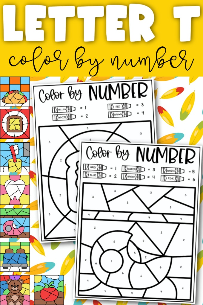 Letter T Color by Number Coloring Sheets