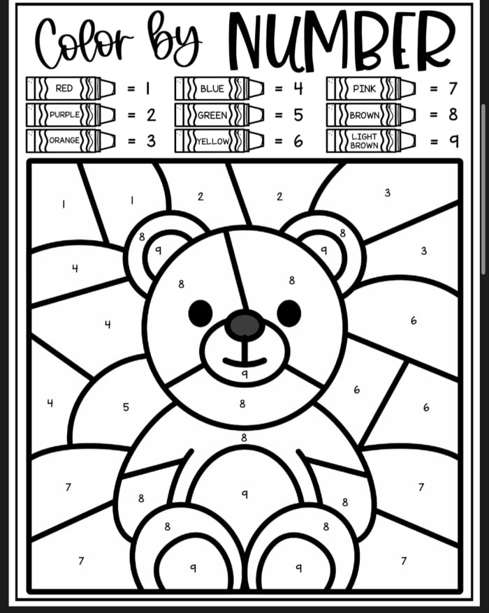 Teddy Bear Color By Number Coloring Sheet