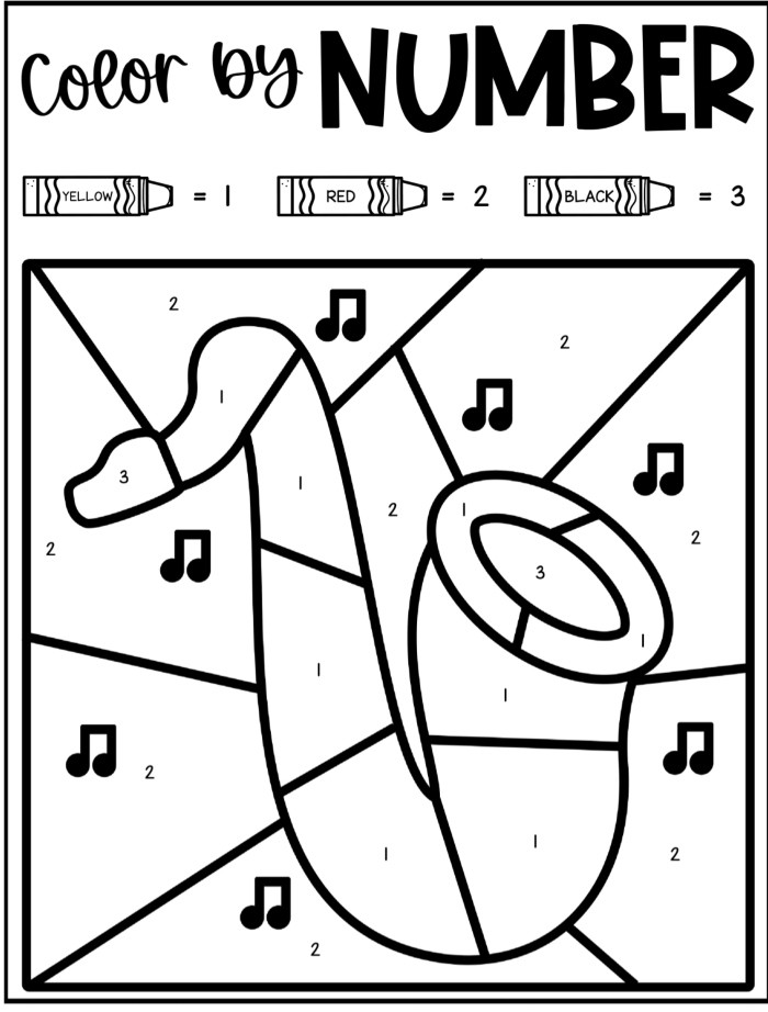 Saxophone Color by Number Coloring Sheet