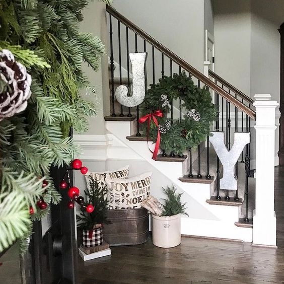 Decorative Words on the Stair Banister Christmas Decorations