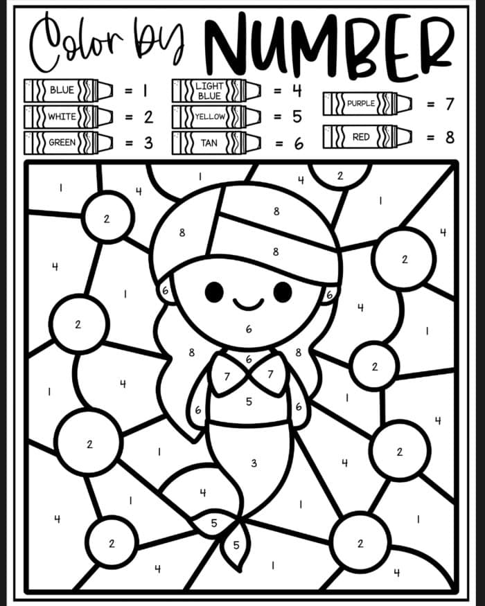 Mermaid Color By Number Coloring Sheets