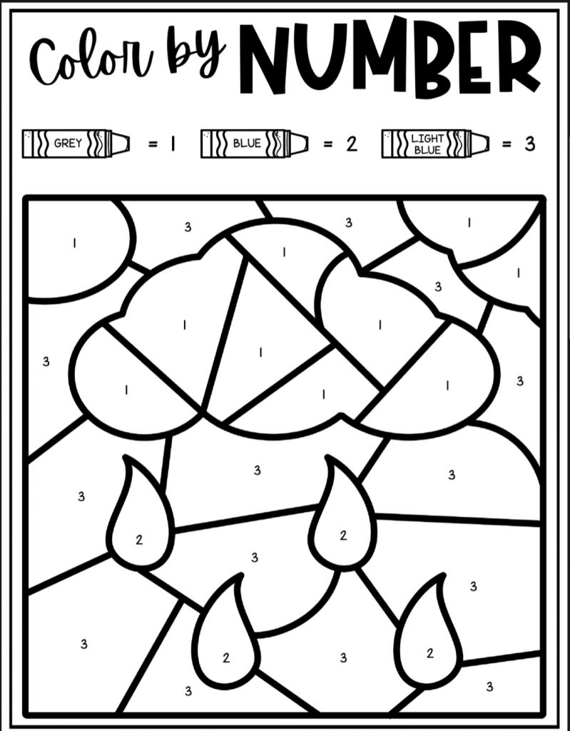 Rain Drops Color By Number Coloring Sheet