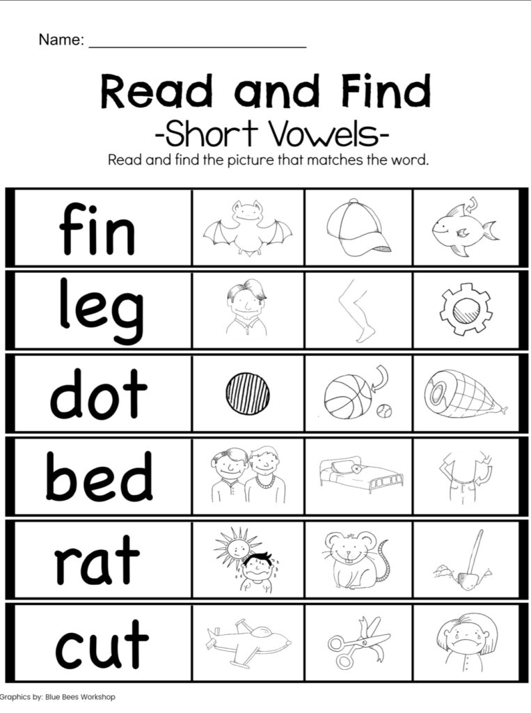 Read and Find Short Vowels Worksheets Pg 1